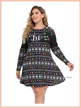 Plus Size Christmas Skater Dress Long Sleeve A-Line Holiday Swing Tunic